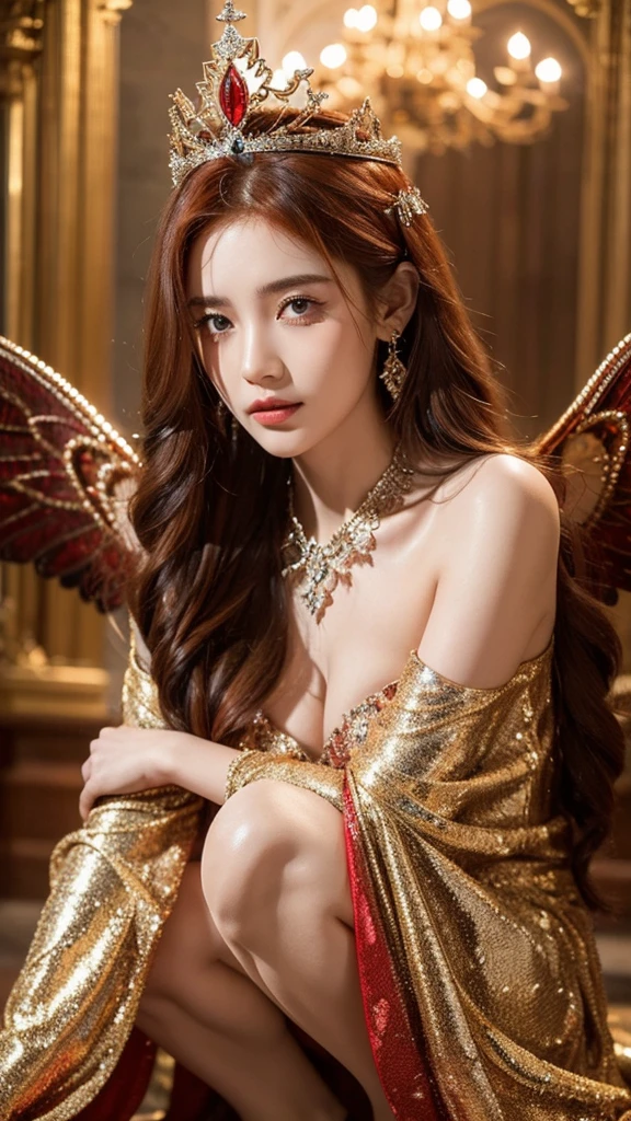 A hyperdetailed 21-year-old girl of an angel with a modern twist. The angel has long, flowing red hair medium breast and large, intricately colorful carved wings, wearing a luxury crown, dress,include red jewels in centerpiece. She is crouched down in a fractal metallic chrome ornament room,with a serene yet slightly melancholic expression. The background features metallic golden fractal Gothic architectural elements, Surrealism, photography 