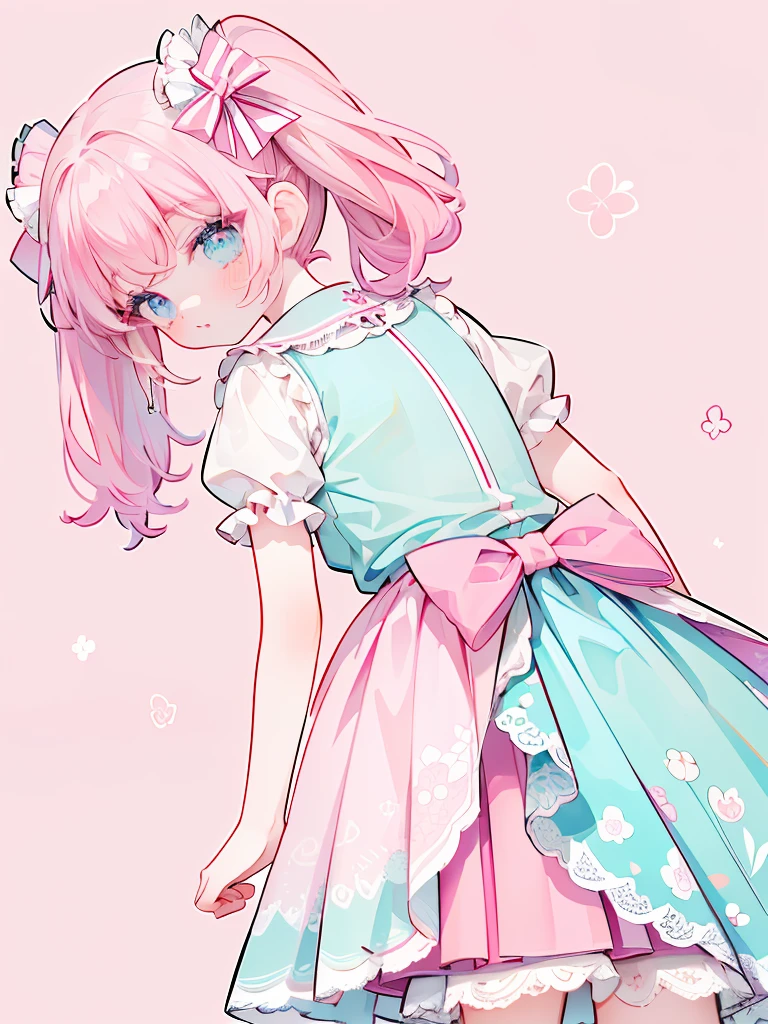 (masterpiece:1.2), best quality, highres, original, (extremely detailed:1.2), ultra-detailed, wallpaper, perfect lighting,(extremely detailed CG:1.2), 8k, 1boy, solo, crossdressing, tomgirl, kawaii, (twintails, flat chest, pink hair, light-blue eyes:1.1), (ta Fashion, pink dress, short-sleeves, bowknot on waistline, lace hemline, knee-length dress, delicate dress:1.2), (anatomically correct:1.3), standing, close-up, from behind, view of back, back-angle, (dreamlike background, pink background, girly background, sakura patterns:1.2)