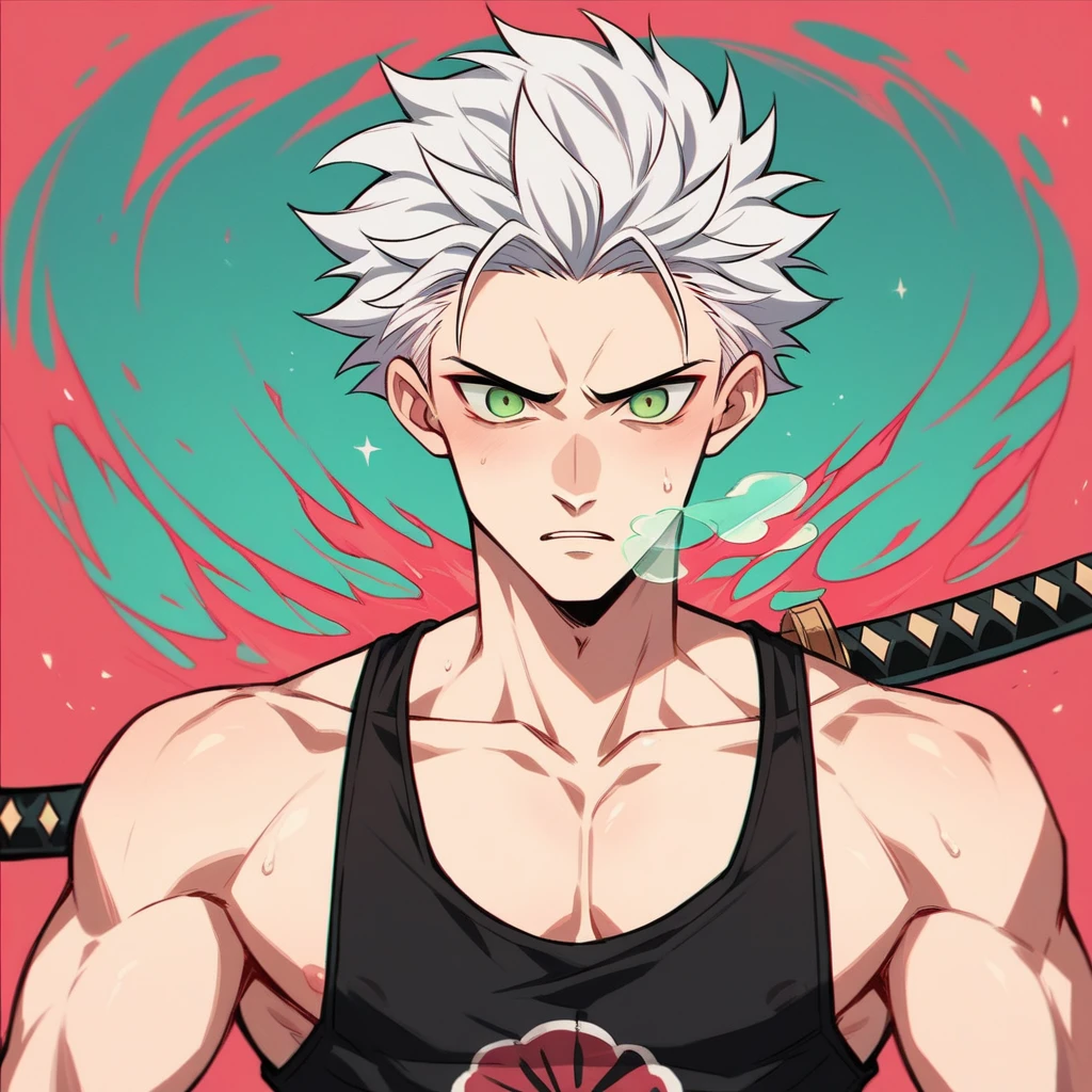 1 men, bonitas, spiky white hair, vibrant green eyes, slim , アニメ, 19yearsold, 19 years, a small black goatee , double katana, Tank top , demon slayer, Breath of the Sun