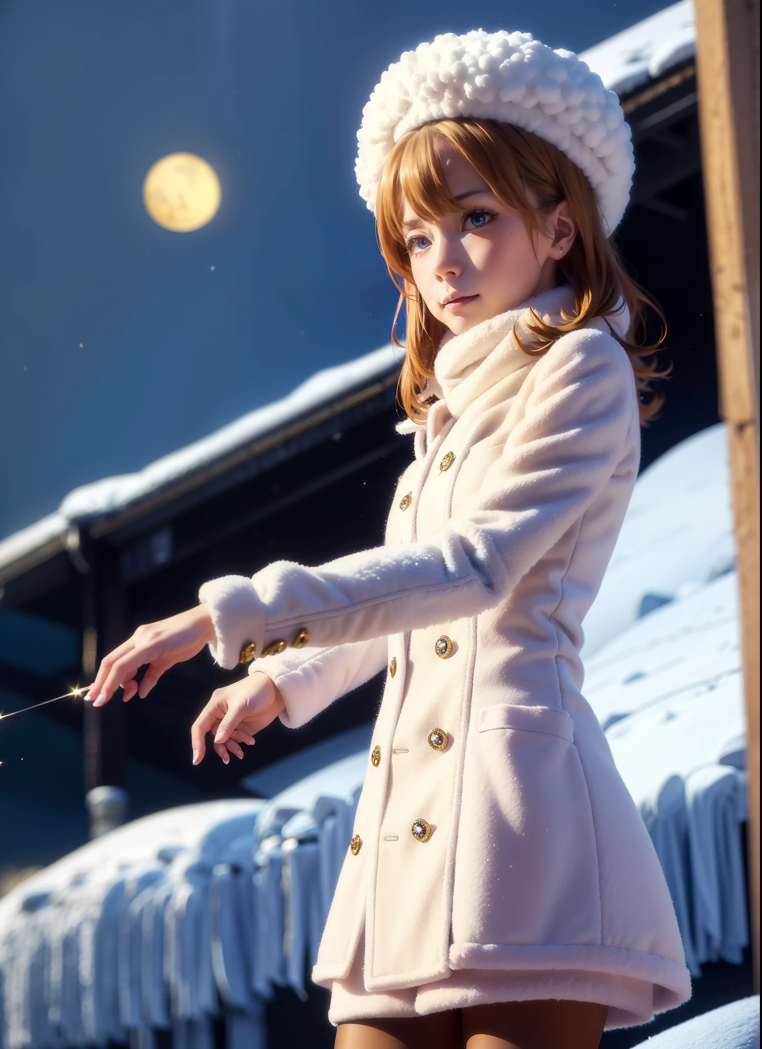 Irohaisshiki, isshiki iroha, Long Hair, Brown Hair, (Brown eyes:1.5), Hair between the eyes, Pink Hair,happy smile, smile, Open your mouth,Knitted hat,Yellow coat,White scarf,White Sweater,He has fluffy gloves on both hands.,Long skirt,Black Pantyhose,short boots,Shirogane World,snowが積もっています,snowが降る,snowが降る,winter,Cold Sky,moonlight,full moon,night,snow,snow,snow,snow,
break looking at viewer, whole body,
break outdoors, Building district,
break (masterpiece:1.2), highest qualそれy, High resolution, unそれy 8k wallpaper, (shape:0.8), (Beautiful and beautiful eyes:1.6), Highly detailed face, Perfect lighting, Extremely detailed CG, (Perfect hands, Perfect Anatomy),