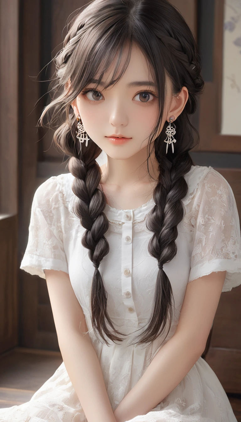 (masterpiece, Highest quality:1.2), One girl, alone,bony body、15 years old、fish-bone braid hair、Earrings