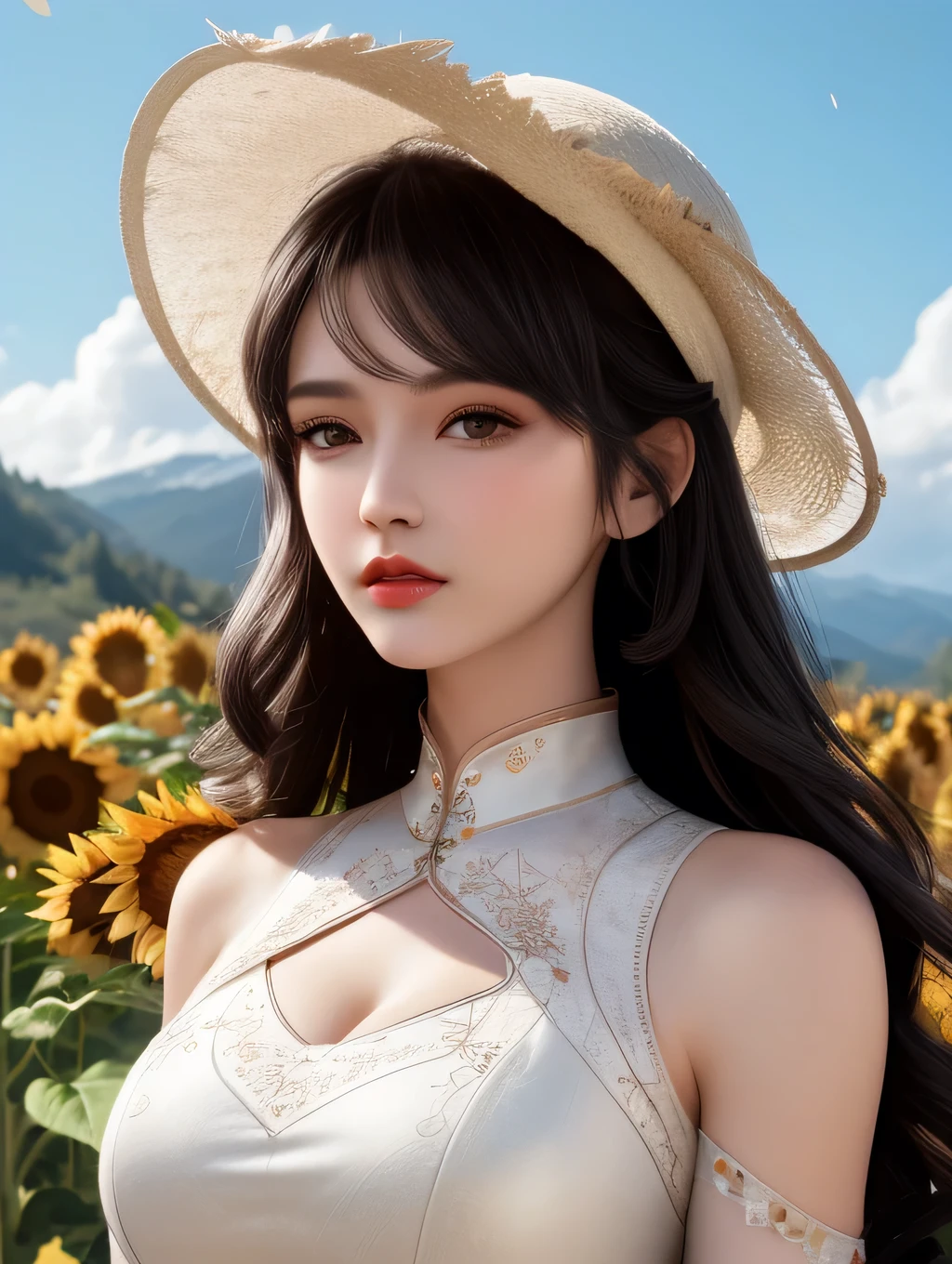 high-quality digital art, medium body shot,happy, red lips, long black hair, wavy long hair, bangs, straight bangs, brown eyes, white skin, red nails, picture-perfect face, flawless, clean, masterpiece, (((sharp))) ((focus)) (instagram) (8k) masterpiece, beautiful dress, delicate tracing, pink accents, digital painting, outside, sunflower field, highly detailed light, cinematic light, high-quality, a digital painting masterpiece, best quality, absurdly high resolution, mountains, windy day, sunflower petals, straw hat, cloudy sky, sun, wind, sunflowers, detailed background, big field, rustic feel, intricate details, glow, shiny hair, black hair, loose hair, lustrous skin, dynamic vibe, windblown hair, one girl,full body, black hair,