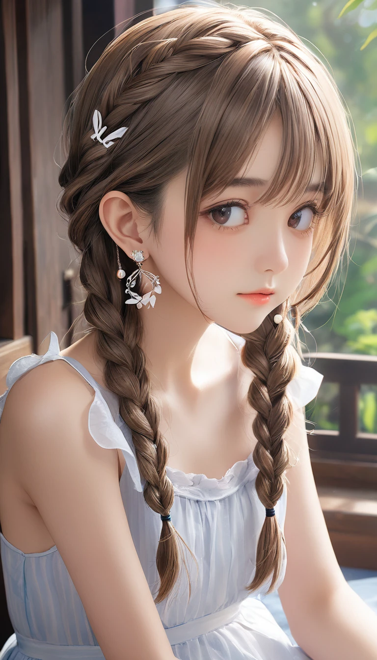 (masterpiece, Highest quality:1.2), One girl, alone,bony body、15 years old、fish-bone braid hair、Earrings