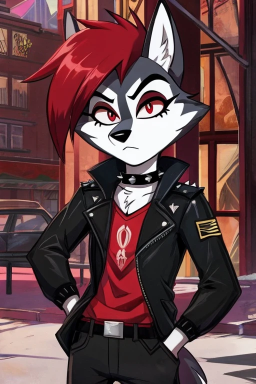 Art helluva boss,furry masculino,husky,black and white fur color,beauty,black and red hair color,red eyes, white pupils,normal facial expression,Dog Collar,punk jacket,red shirt,black military pants,military boots, suburban cartoon scenery.