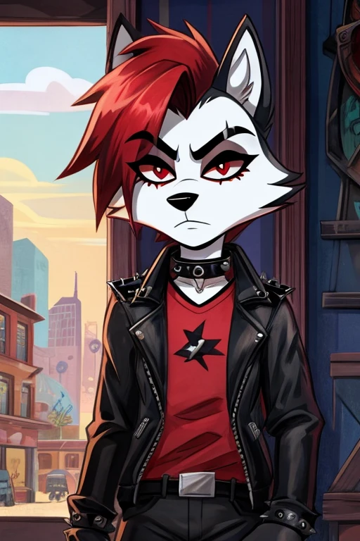 Art helluva boss,furry masculino,husky,black and white fur color,beauty,black and red hair color,red eyes, white pupils,normal facial expression,Dog Collar,punk jacket,red shirt,black military pants,military boots, suburban cartoon scenery.