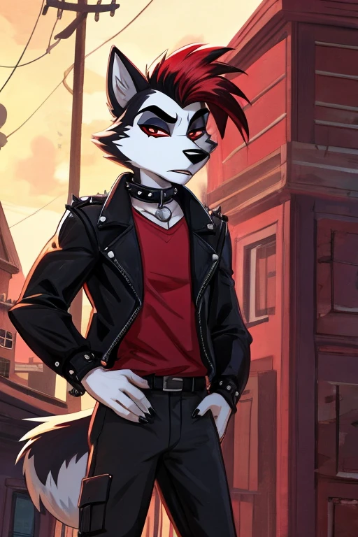 Art helluva boss,furry masculino,husky,black and white fur color,beauty,black and red hair color,red eyes, white pupils,normal facial expression,Dog Collar,punk jacket,red shirt,black military pants,military boots, suburban cartoon scenery.