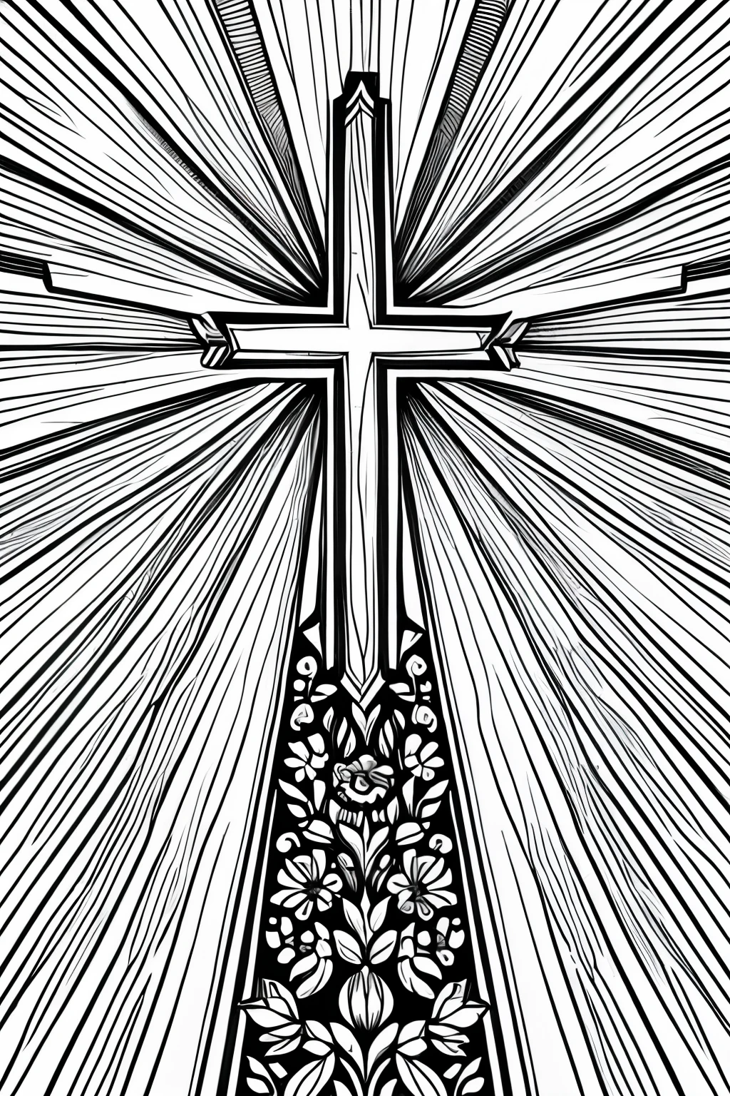 "Create a detailed illustration of a cross surrounded by floral patterns and rays of light." line art