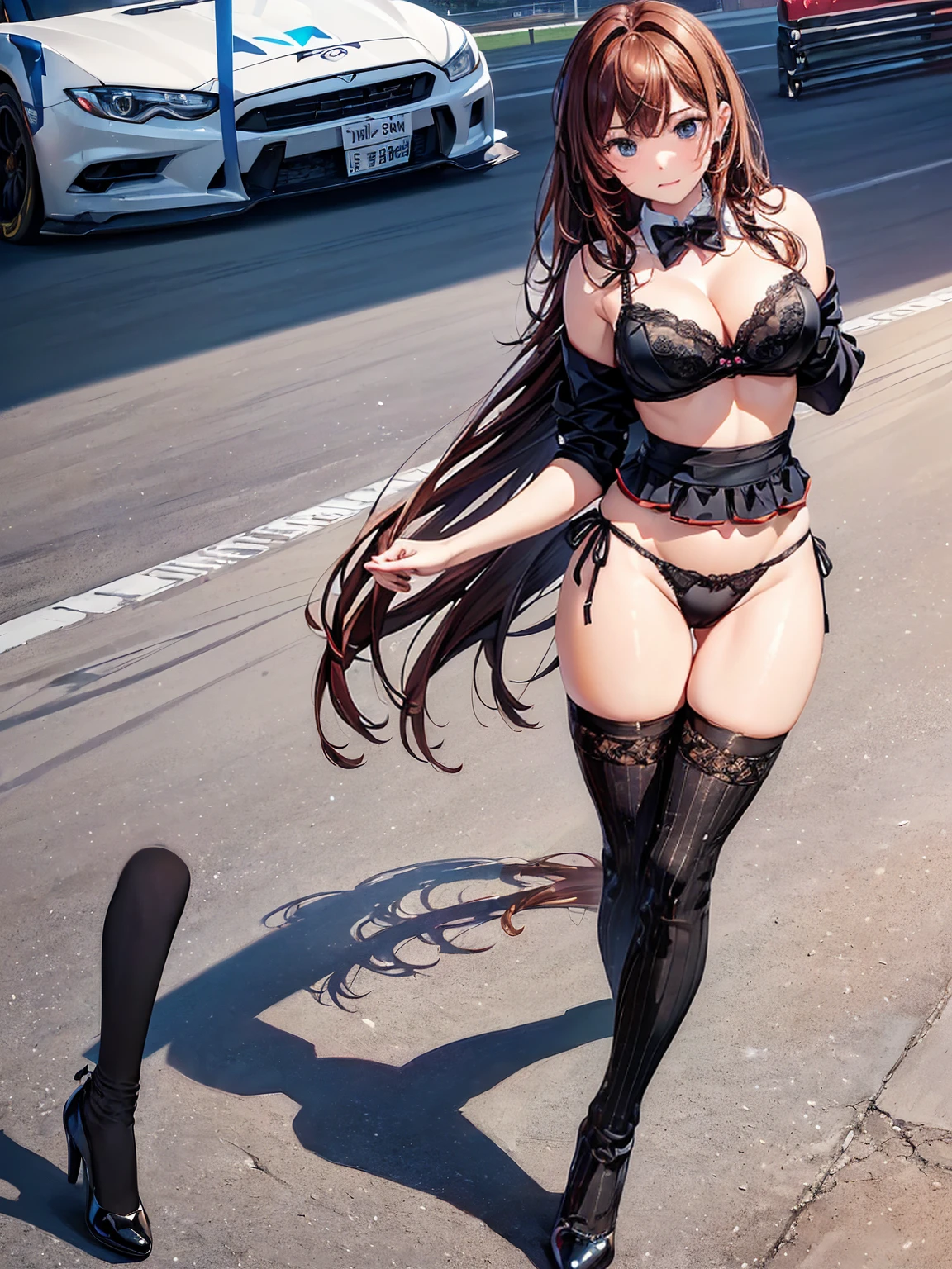 (((masterpiece, Highest quality, High resolution, 超High resolution, Perfect Pixel, Depth of written boundary, 4K, RTTX 10.0))), Beautiful Anime Woman, Beautiful art style, Anime characters, ((Smooth texture, Realistic texture, Anime CG Style)), Exact finger count、Exact number of legs、(Exact number of arms:1.0, Exact number of hands:1.0), (Perfect hands, Perfect Anatomy), Cinematic, Realistic, Extremely detailed CG, Daytime lighting, Perfect lighting, Best Shadow, The best natural light, whole body, Perfect body, バランのとれたPerfect body, Perfectly balanced style, Slender body, ((Long Hair, bangs, Reddish brown hair, Stylish hairstyle)), ((A cute woman is walking sexy:1.8)), ((Bow tie around neck:1.3), (Black high heels:1.2), (Sexy and cute light blue underwear:1.3), (Stylish shiny light blue satin panties, Side-tie panties, The panties are plain light blue in the center with lace decoration on the sides.:1.3), (Thin panties:1.3), (Light blue micro lace satin bra, Light blue bra with lace trim, Thin bra:1.3), (garter belt, Black knee socks:1.3):1.3), (Beautiful big , Cleavage:1.1), (Embarrassed expression:1.5), (blush:1.2), (Daytime circuit, Spectators at the circuit, car race, Racing car behind:1.5), naked, In underwear, Promotional model for underwear, Grid girl in underwear, whole body, Angle from the front, chizuru