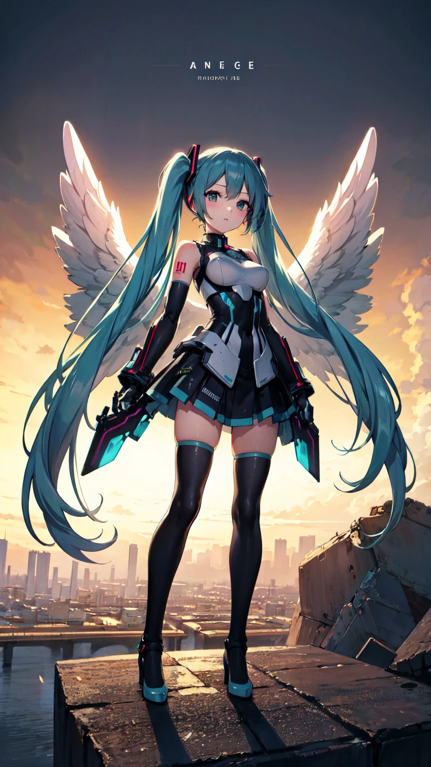 Hatsune Miku, Mecha Girl, Nanomachines, Wearing Gundam armor, Angel Wings, High heels, Noise Reduction, Tabletop、Exquisite design、Visual Arts、Concept Artist、Five Fingers, Perfect body, {{{masterpiece}}}, {{{Highest quality}}}, {{Very detailed}}, {shape}, {{Very delicate and beautiful}},Improved cost performance、All Roles、Canon 5D MK4でphotograph、photograph, 8K Illustration