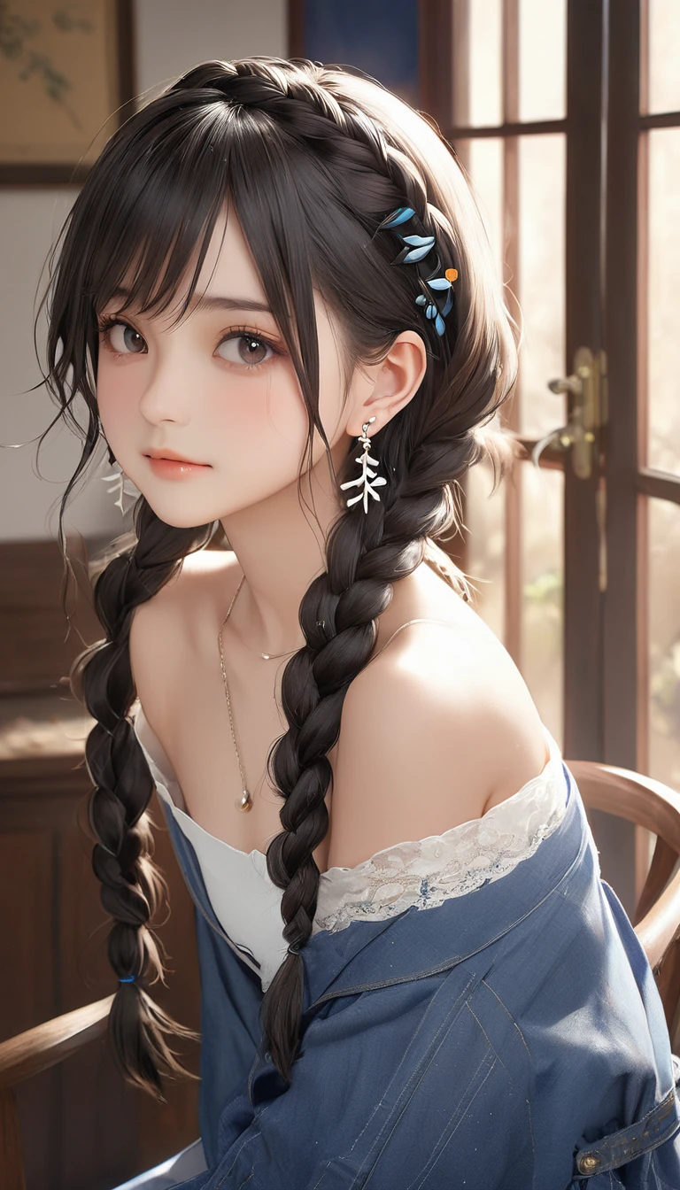 (masterpiece, Highest quality:1.2), One girl, alone,bony body、、fish-bone braid hair、Earrings