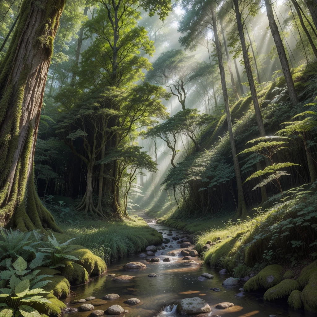 Create a detailed and immersive image of Turipulus Forest. The forest should be dense with towering, ancient trees whose branches intertwine to form a thick canopy, allowing only specks of sunlight to filter through. The forest floor is carpeted with lush green ferns, moss, and colorful wildflowers. A narrow, winding path leads deeper into the forest, flanked by gnarled roots and occasional clearings where mystical, glowing plants grow. There should be signs of wildlife such as deer, rabbits, and various birds. The atmosphere should be magical and slightly eerie, with hints of ancient ruins partially overgrown by vegetation. Include a clear, sparkling stream running through the forest, adding to the tranquil yet mysterious ambiance.