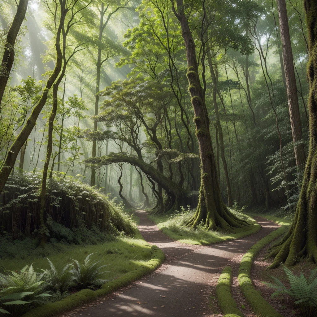 Create a detailed and immersive image of Turipulus Forest. The forest should be dense with towering, ancient trees whose branches intertwine to form a thick canopy, allowing only specks of sunlight to filter through. The forest floor is carpeted with lush green ferns, moss, and colorful wildflowers. A narrow, winding path leads deeper into the forest, flanked by gnarled roots and occasional clearings where mystical, glowing plants grow. There should be signs of wildlife such as deer, rabbits, and various birds. The atmosphere should be magical and slightly eerie, with hints of ancient ruins partially overgrown by vegetation. Include a clear, sparkling stream running through the forest, adding to the tranquil yet mysterious ambiance.