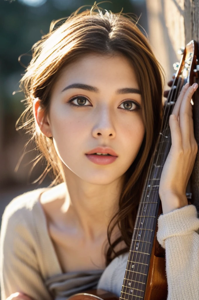 a 20 year old woman holding a guitar, vintage, beautiful detailed eyes, beautiful detailed lips, extremely detailed face, long eyelashes, natural lighting, warm color palette, cinematic, high quality, photorealistic, 8k, detailed background, realistic, humanlike