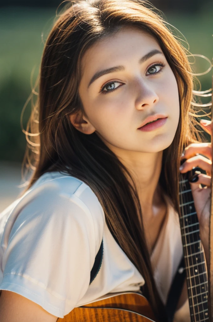 a 20 year old woman holding a guitar, vintage, beautiful detailed eyes, beautiful detailed lips, extremely detailed face, long eyelashes, natural lighting, warm color palette, cinematic, high quality, photorealistic, 8k, detailed background, realistic, humanlike