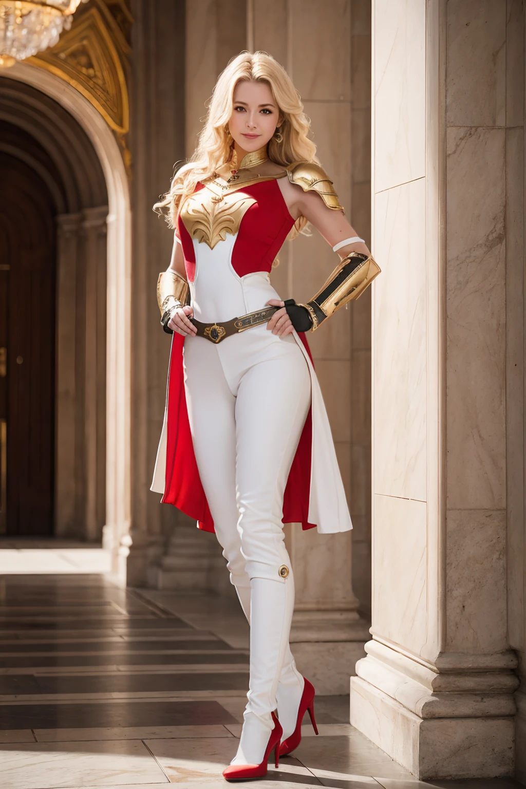 (((full body photo))), 8K,Tall female royal paladin,so beautiful(Like the real thing),Blonde curly hair,smile,Green Eyes,Gorgeous red and white breastplate,Luxury White Combat Pants,Muscular and slim body,Toned ,masterpiece,Photorealistic RAW photos of the highest quality。Bright colors,Rich colors, Backlight, Cinema Lighting, Film Grain, to be born, 50mm lens, Nikon D850,Realistic Skin,Fantasy art,Character Art,Ultra-high resolution,Realistic scale skins,Perfect hand shape,View your viewers,Royal Palace Courtyard,long, Silver sword on waist.,Luxurious white shoulder pads,Luxury White Gauntlets,luxurious white waist armor,Luxurious white leg armor,Makeup,smile,sexy,