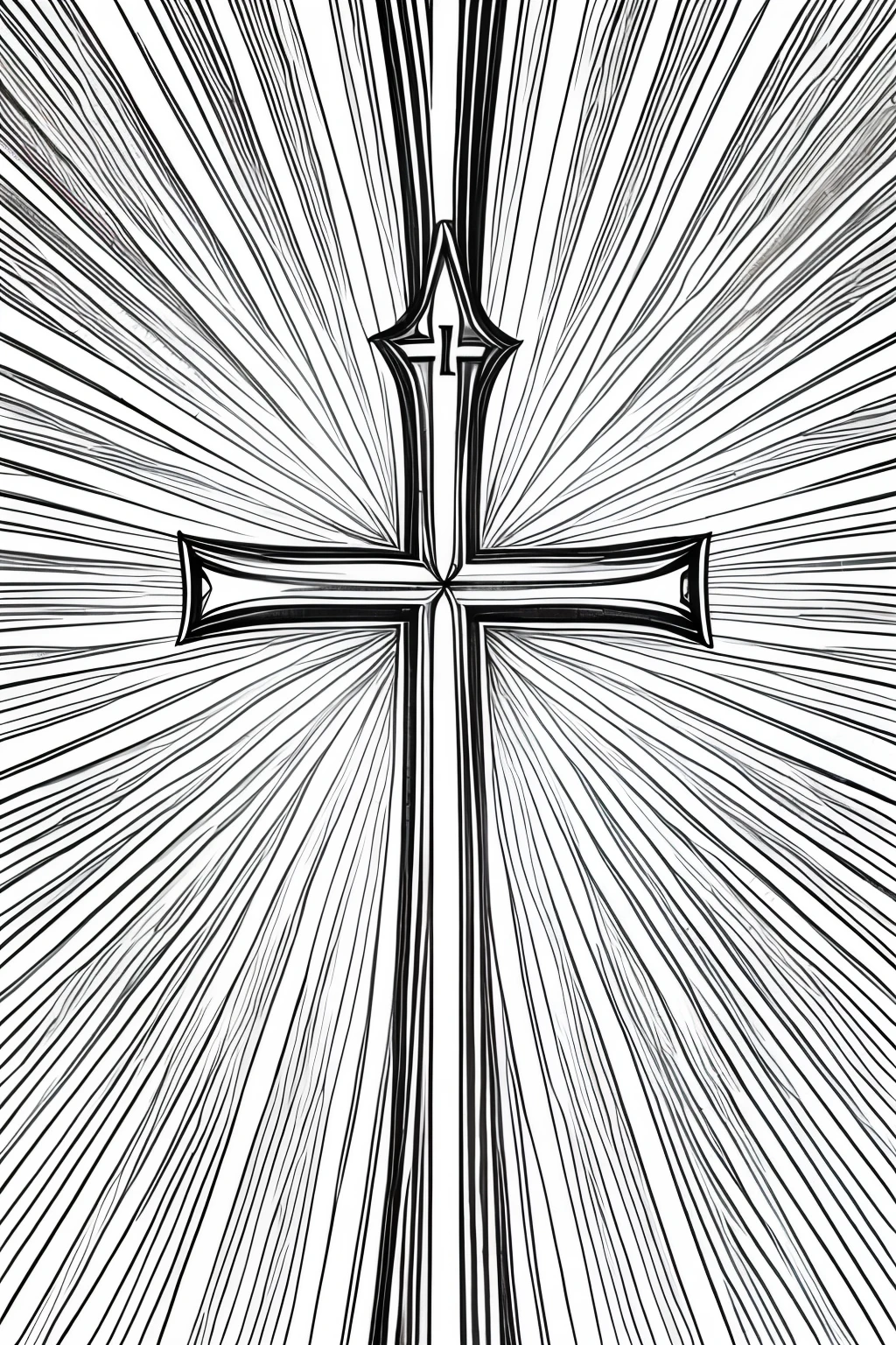 "Create a detailed illustration of a cross surrounded by floral patterns and rays of light." line art