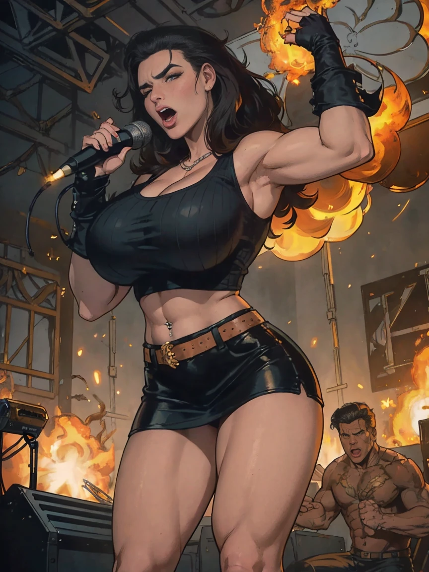 Extremely busty thin and toned brunette death metal singer, college girl, fair skin, big hair, hair pulled back, soft face, athletic, heavy makeup, piercings, black leather, studs, tight black top, boots, fingerless gloves, tight skirt, chains. standing on a stage, pyrotechnics, holding a microphone, metal concert. (microphone), angry, rage, screaming. Heavy metal. Death metal. Explosions, fire.