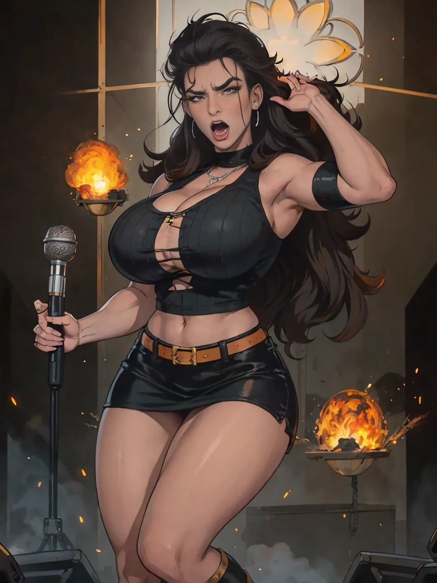 Extremely busty thin and toned brunette death metal singer, college girl, fair skin, big hair, hair pulled back, soft face, athletic, heavy makeup, piercings, black leather, studs, tight black top, boots, fingerless gloves, tight skirt, chains. standing on a stage, pyrotechnics, holding a microphone, metal concert. (microphone), angry, rage, screaming. Heavy metal. Death metal. Explosions, fire.