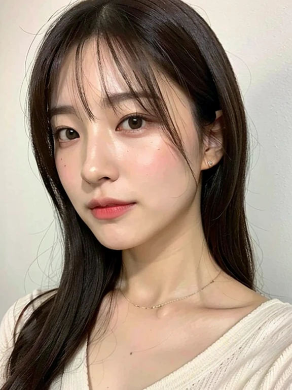 (Highest quality、8k、32K、masterpiece、Hmph:1.2)、Cute Japanese Women Photos、Long Hair、Photographed in front of a white wall、Crew neck、Photographed in natural light、Upper body、Surface Focus、Long sleeve dress、Simple Necklace、From above、Mix 4、(8k、RAW Photos、Highest quality、masterpiece:1.2)、(Realistic、Photorealistic:1.37)、1 girl、Photon Mapping、Physically Based Rendering、Excellent image quality、High resolution、1080P、(Beautiful face)、(Detailed facial depiction)、(Detailed explanation of the hand setter muscle parts)、(Detailed CG)、Dirty hair、masterpiece、Rich details、(exquisite features)、(Best image quality)、(masterpiece)、(Detailed eyes)、I look forward to seeing you、Delicate clavicle、Various poses