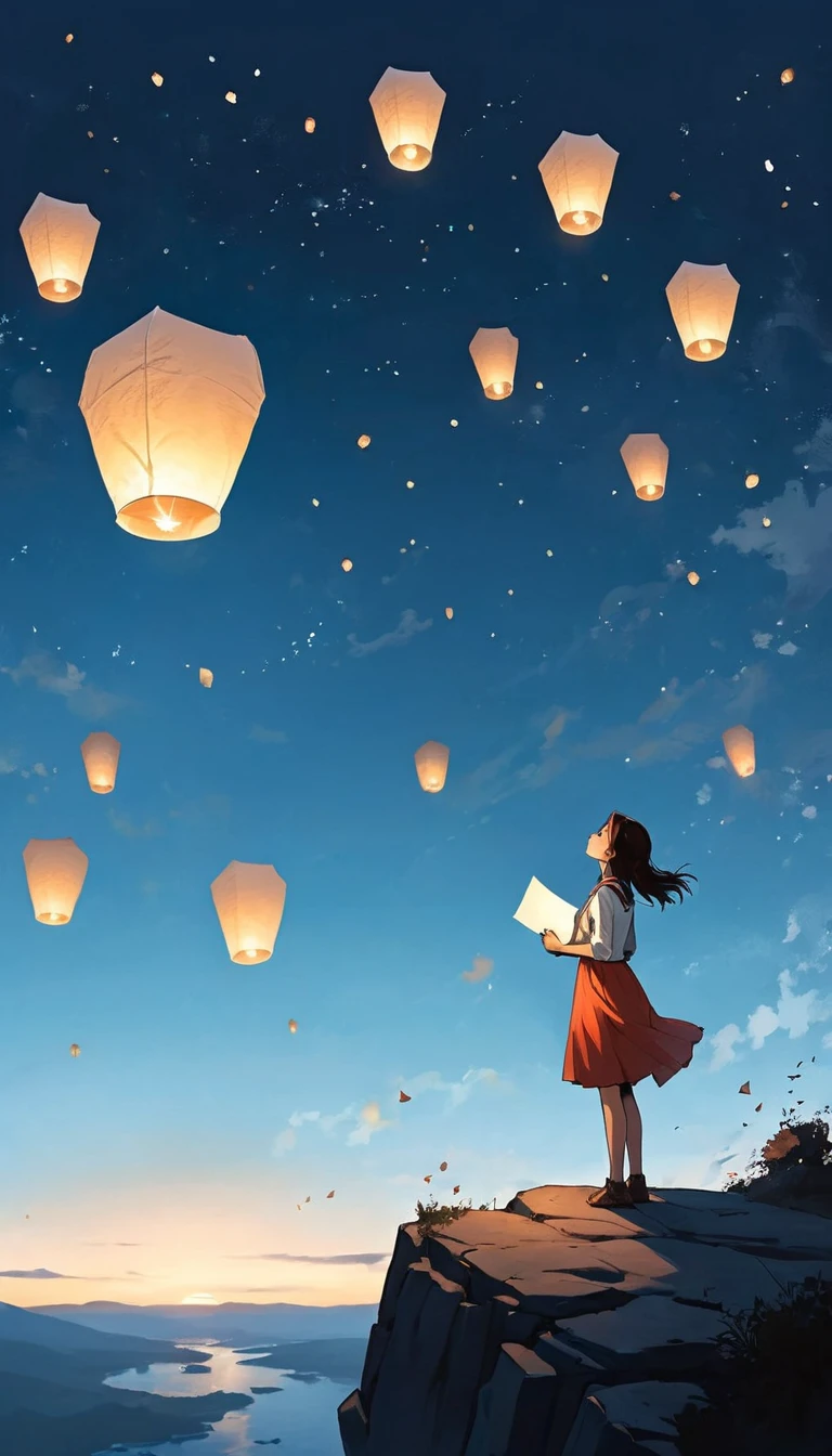 A girl on the cliff holding a paper lantern,large areas of white space,At the bottom of the screen,(look up:1.5),from the side,Look up,comics,,Wishing paper lanterns in the sky