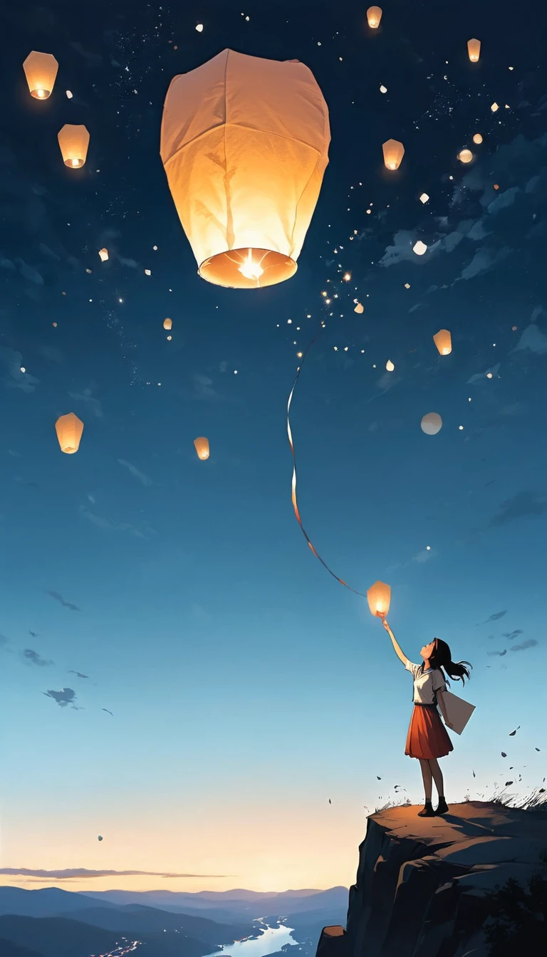 A girl on the cliff holding a paper lantern,large areas of white space,At the bottom of the screen,(look up:1.5),from the side,Look up,comics,，Wishing paper lanterns in the sky