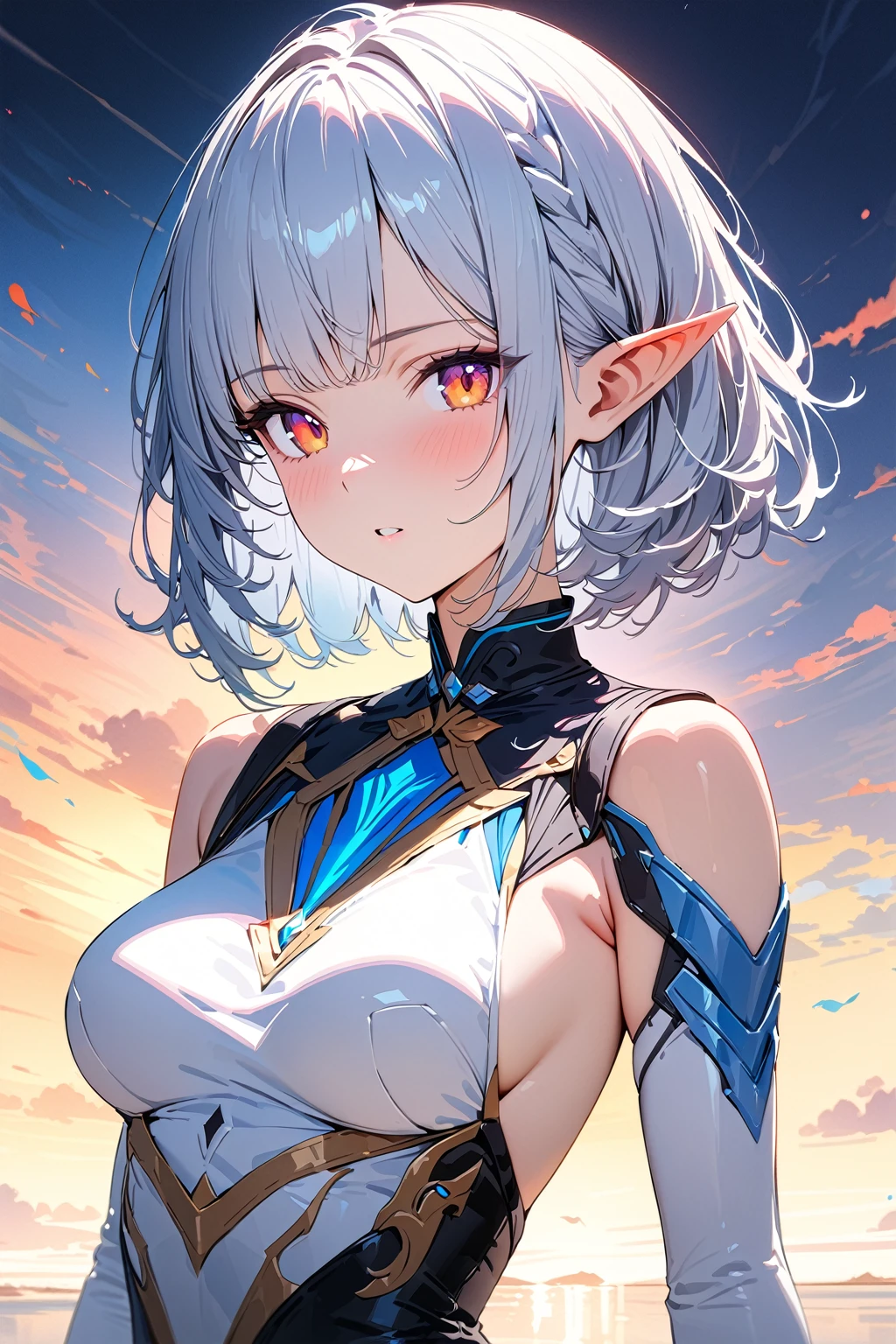 (masterpiece, best quality:1.5), (ultra detailed, high resolution, 8k, beautiful detailed, UHD, best anatomy), white bob cut hair, medium breasts, 1 cute elf, watercolor painting Art, gorgeous, genial, colorful