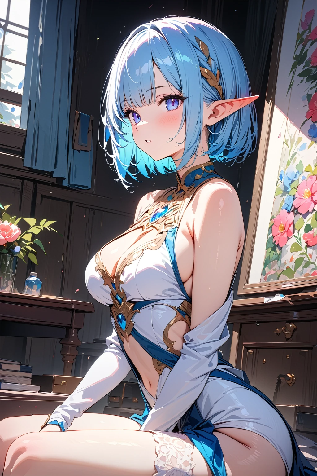 One girl, elf, silver hair, red eyes, bob cut, braided hair, (((looking down)), ((putting both hands on her chest)), ((surprised)), (blush), fantasy style costume, wizard, robe, long skirt, tights, indoors, kneeling, concept art, beautiful anime scene, beautiful anime scenery, top rated on pixiv, best quality, 4K