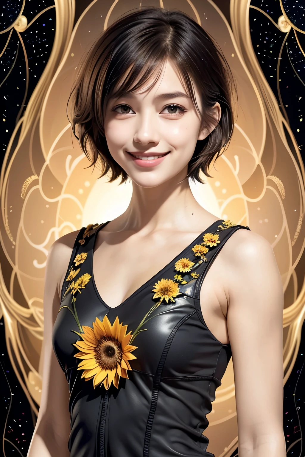 257 20-year-old female, (short hair),(Abstract background,Fractal Art), smile, flower