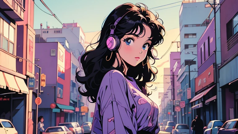 retro, city pop , anime, manga, 22years, girl, put on headset, puple check shirts, cafe, listning music, blue eyes, curly black hair
