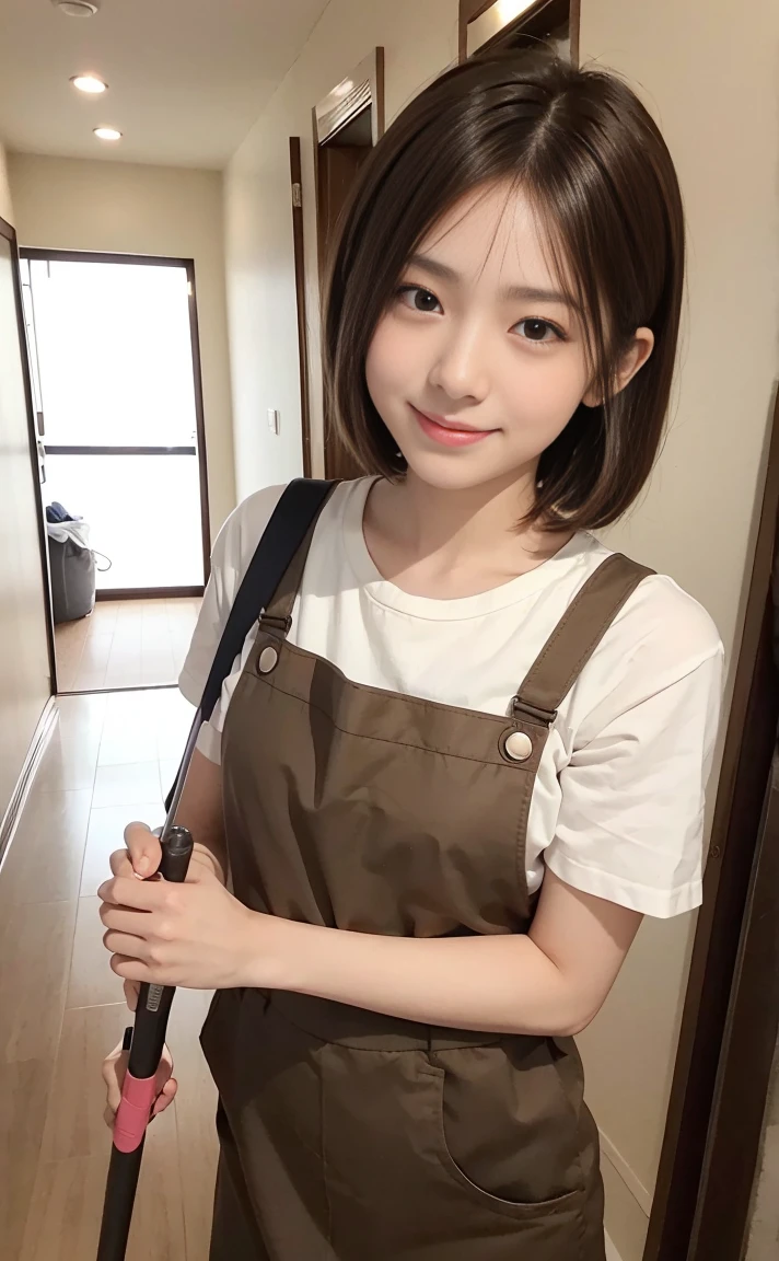 Cute 21 years old Japan、Cleaning tools、Super Detail Face、Eye of Detail、double eyelid、beautiful thin nose、sharp focus:1.2、prety woman:1.4、(light brown hair,short-haired、),fair white skin、top-quality、masterpiece、超A high resolution、(Photorealsitic:1.4)、Light from outside、A smile、pinafore、hallway cleaning