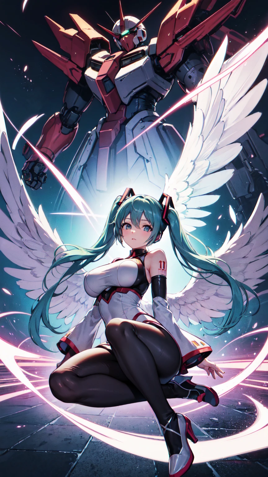 Hatsune Miku, Big Breasts, Mecha Girl, Nanomachines, Wearing Gundam armor, Angel Wings, High heels, Noise Reduction, Tabletop、Exquisite design、Visual Arts、Concept Artist、Five Fingers, Perfect body, {{{masterpiece}}}, {{{Highest quality}}}, {{Very detailed}}, {shape}, {{Very delicate and beautiful}},Improved cost performance、All Roles、Canon 5D MK4でphotograph、photograph, 8K Illustration