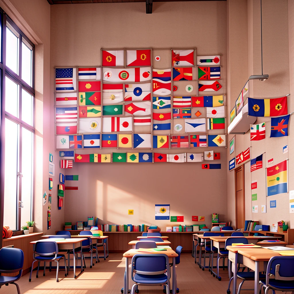 image of a classroom decorated with various flags from countries around the world