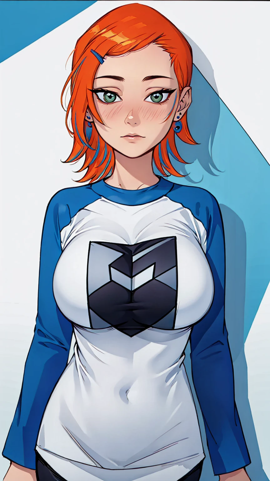 (Masterpiece, Best Quality), 1 girl, beautiful face, Gwendolyn_Tennyson, medium shot, Upper part of the body, detailed face, long sleeves, Raglan manga, ,Multicolored shirt, graphic shirt, big tits