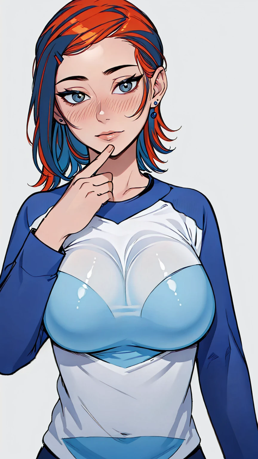 (Masterpiece, Best Quality), 1 girl, beautiful face, Gwendolyn_Tennyson, medium shot, Upper part of the body, detailed face, long sleeves, Raglan manga, ,Multicolored shirt, graphic shirt, big tits