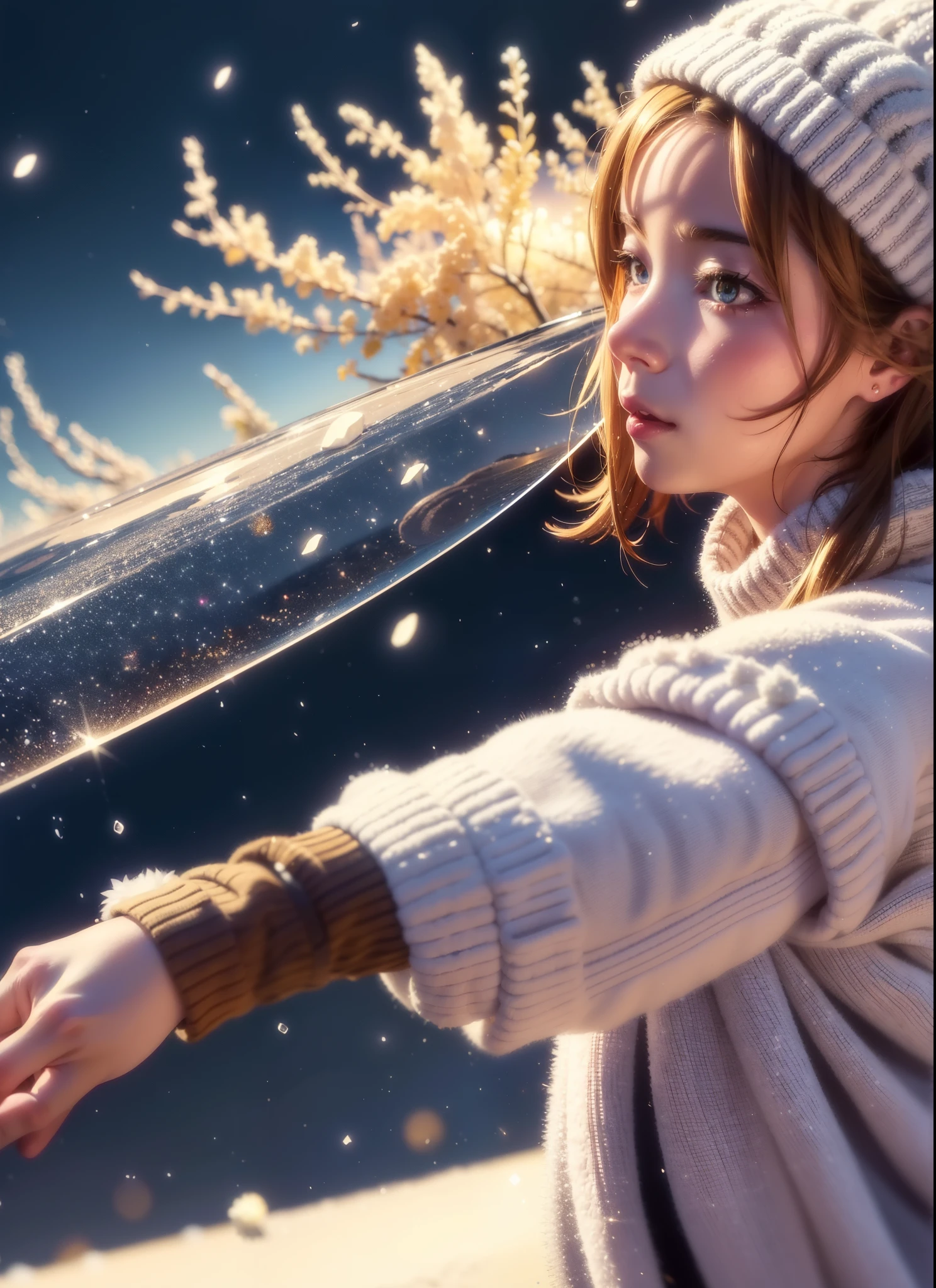 Irohaisshiki, isshiki iroha, Short Hair, Brown Hair, (Brown eyes:1.5), Hair between the eyes, Pink Hair,happy smile, smile, Open your mouth,Knitted hat,Yellow coat,White scarf,White Sweater,He has fluffy gloves on both hands.,Long skirt,Black Pantyhose,short boots,Shirogane World,snowが積もっています,snowが降る,snowが降る,winter,Cold Sky,moonlight,full moon,night,snow,snow,snow,snow,
break looking at viewer, whole body, 
break outdoors, Building district,
break (masterpiece:1.2), highest qualそれy, High resolution, unそれy 8k wallpaper, (shape:0.8), (Beautiful and beautiful eyes:1.6), Highly detailed face, Perfect lighting, Extremely detailed CG, (Perfect hands, Perfect Anatomy),