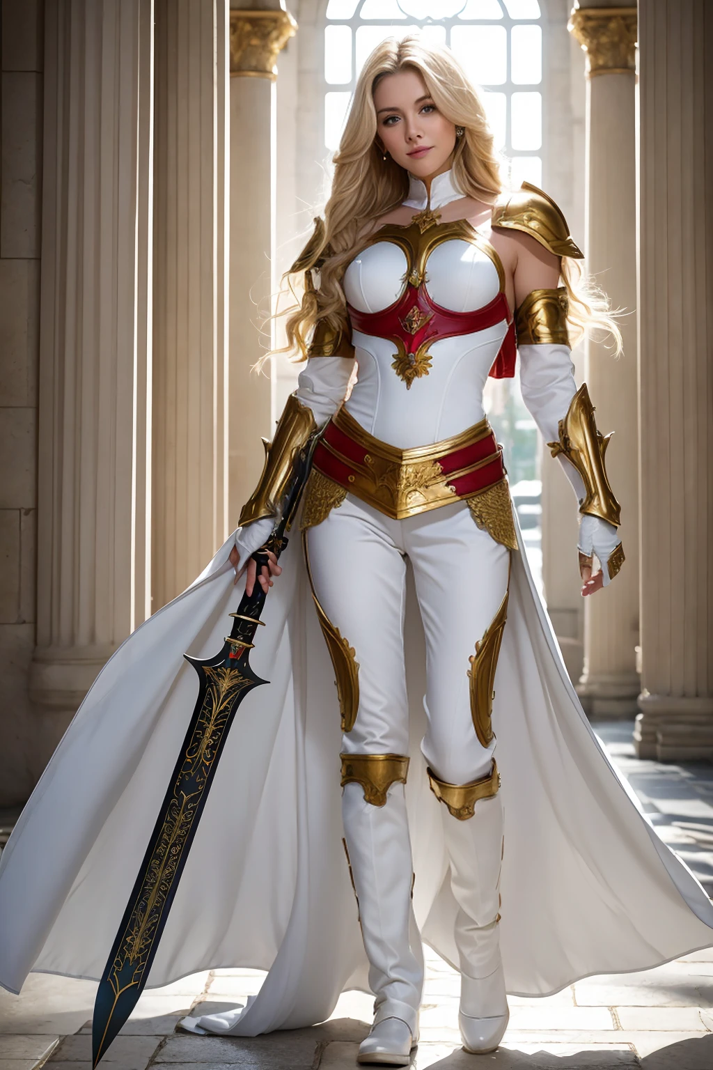 (((full body photo))), 8K,Tall female royal paladin,so beautiful(Like the real thing),Blonde curly hair,smile,Green Eyes,Gorgeous red and white breastplate,Luxury White Combat Pants,Muscular and slim body,Toned ,masterpiece,Photorealistic RAW photos of the highest quality。Bright colors,Rich colors, Backlight, Cinema Lighting, Film Grain, to be born, 50mm lens, Nikon D850,Realistic Skin,Fantasy art,Character Art,Ultra-high resolution,Realistic scale skins,Perfect hand shape,View your viewers,Royal Palace Courtyard,long, Silver sword on waist.,Luxurious white shoulder pads,Luxury White Gauntlets,luxurious white waist armor,Luxurious white leg armor,Makeup,smile,sexy,
