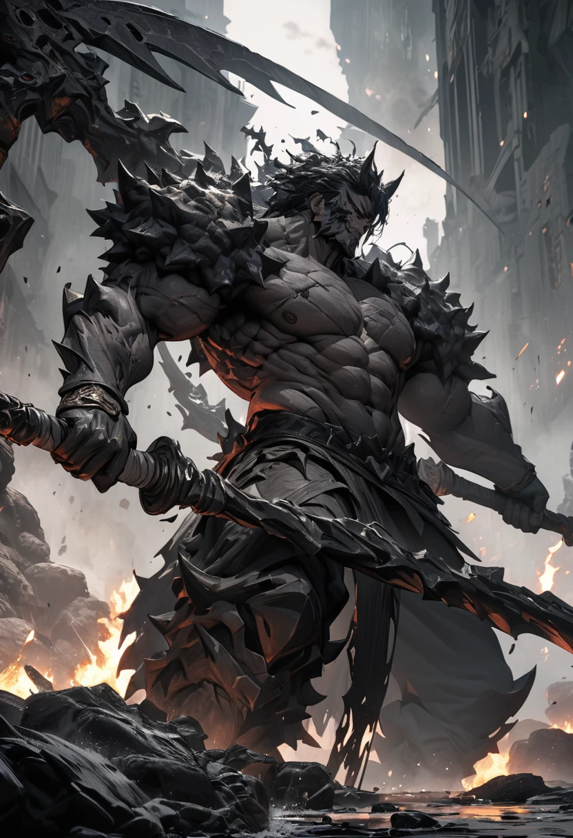 masterpiece, 8k, best quality, highly detailed, a human male warrior wielding a scythe made of craggy black rock with black & white flames coming off of it