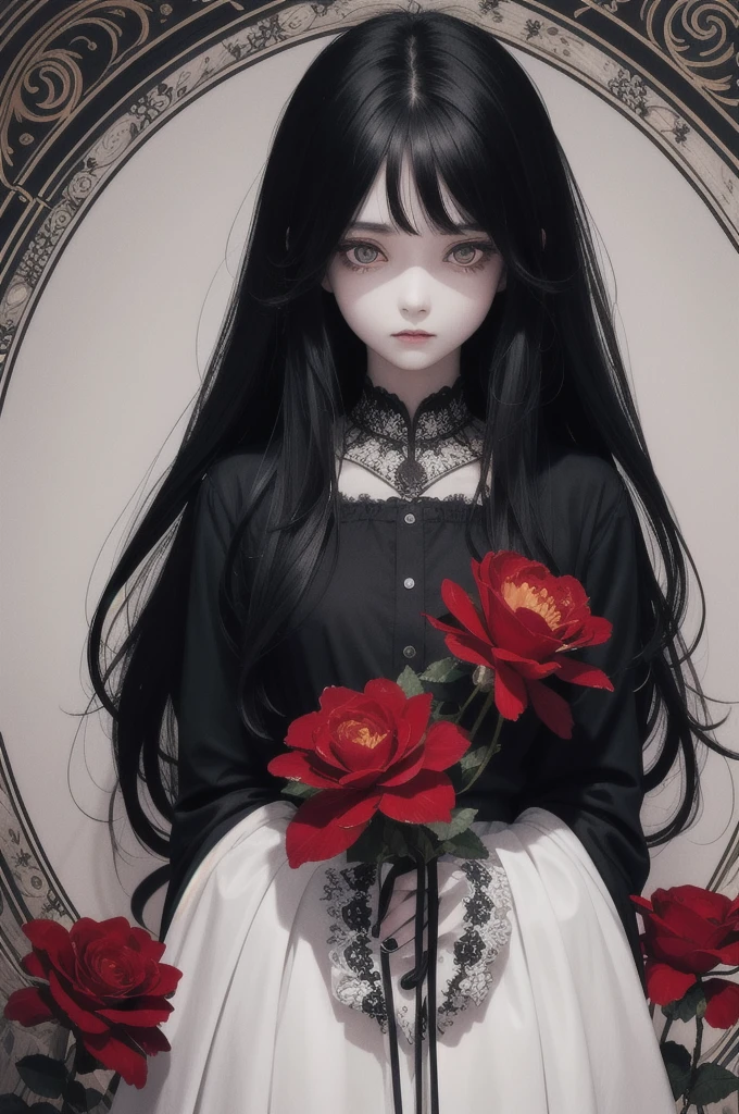 Rose,Requiem,parameters(official art,unity 8k wallpaper,ultra detailed,High quality,best quality:0.9),(zentangle,mandala,tangle,entangle:0.6),,full body,flat color,limited palette,low contrast,(1girl:1.5),solo,(lycoris flower),(gloomy),(hollow eyes:1),(expressionless eyes:1.3)evil spirits,(Highest Quality, Amazing Details:1.25),(bright pupils),White and black hair,Good and evil