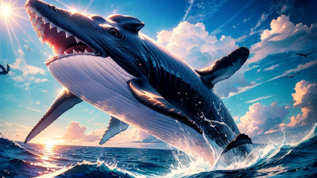 Flying whale jumps over a yacht, opening its huge mouth, clear sunny sky, splashing water, (best quality,4k,8k,highres,masterpiece:1.2),ultra-detailed,(realistic,photorealistic,photo-realistic:1.37),detailed whale anatomy,dramatic lighting,cinematic composition,vibrant colors,smooth shading,dramatic ocean waves,shimmering sun reflection,