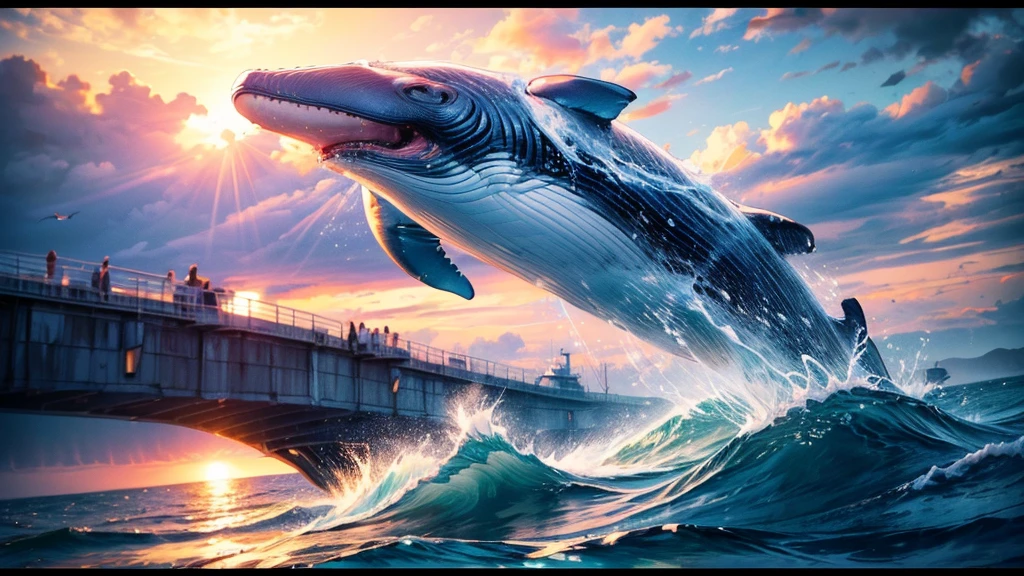 Flying whale jumps over a yacht, opening its huge mouth, clear sunny sky, splashing water, (best quality,4k,8k,highres,masterpiece:1.2),ultra-detailed,(realistic,photorealistic,photo-realistic:1.37),detailed whale anatomy,dramatic lighting,cinematic composition,vibrant colors,smooth shading,dramatic ocean waves,shimmering sun reflection,