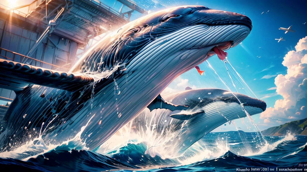 Flying whale jumps over a yacht, opening its huge mouth, clear sunny sky, splashing water, (best quality,4k,8k,highres,masterpiece:1.2),ultra-detailed,(realistic,photorealistic,photo-realistic:1.37),detailed whale anatomy,dramatic lighting,cinematic composition,vibrant colors,smooth shading,dramatic ocean waves,shimmering sun reflection,