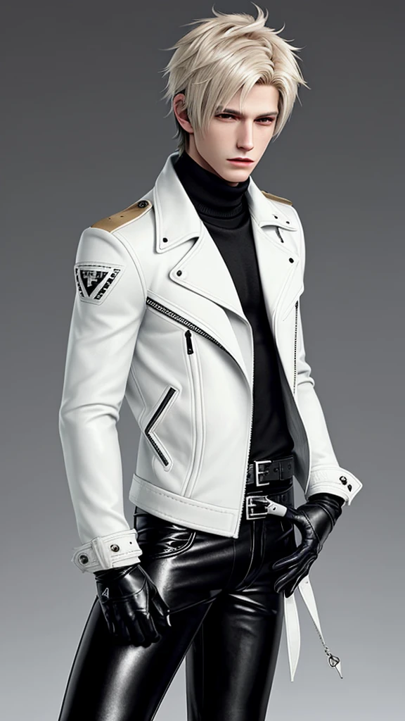 Final fantasy taste and reality graphics, Japanese young cute and cool ikemen boy, his age is early 20s, thin eyebrows and beady eyes, he wearing off white color leather thick material jacket, jacket is singlebrest, biker style jacket, with epaulet, jacket is long sleeve, must close the front of the leather jacket, , jacket is voluminous, ,must jacket is high length and stand-up collar with two belts, jacket is a little black color line pattern,close the front of the jacket, also wearing black thick material turtleneck lackluster shirts, tight black leather pants, black leather tight and thin glove, black leather knee-high raceup boots,must views head-to-toe,must views whole body, boy looks like fashion model,Do not show skin from the neck down,leather jacket leather glove and leather pants have few wrinkles,boy in the prison room, Avoid showing your innerwear,zip up jacket fastner.