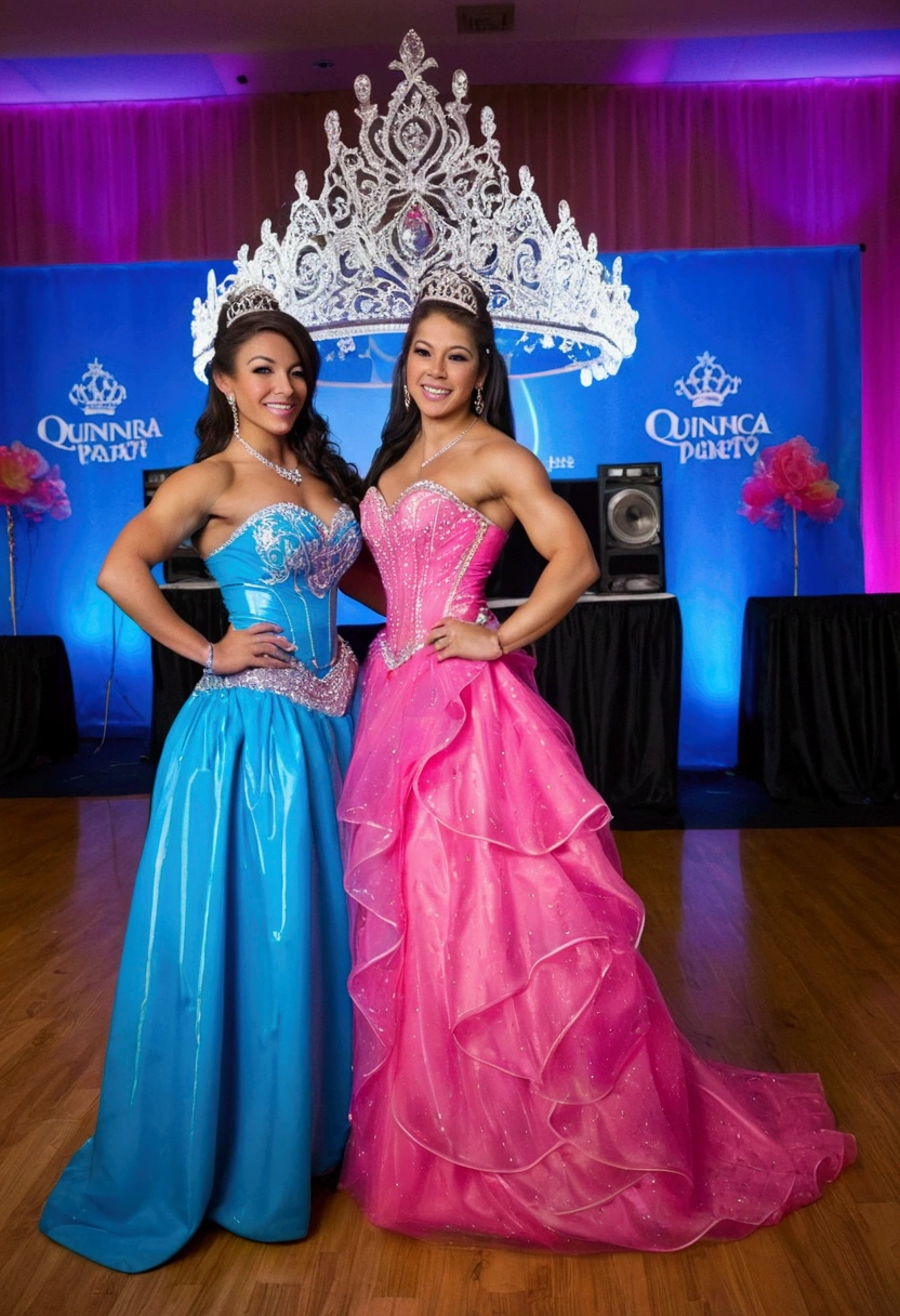 Two 30 year old female bodybuilders dressed like two quinceaneras in short strapless blue and bright pink latex dresses with sweetheart prom necklines and big princess tiaras and muscular abs and flexed arms and bent legs and platform shoes. The two women are posing at a Quinceañera party. In the background you can see some LED screens and lights. smiles. Centered full body image. View from above.