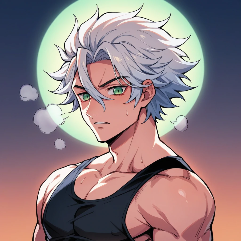 1 men, bonitas, spiky white hair, vibrant green eyes, slim , アニメ, 19yearsold, 19 years, a small black goatee , double katana, Tank top , demon slayer, Breath of the Sun, atacando com um poder de fogo chamado de Breath of the Sun(demon slayer アニメ).