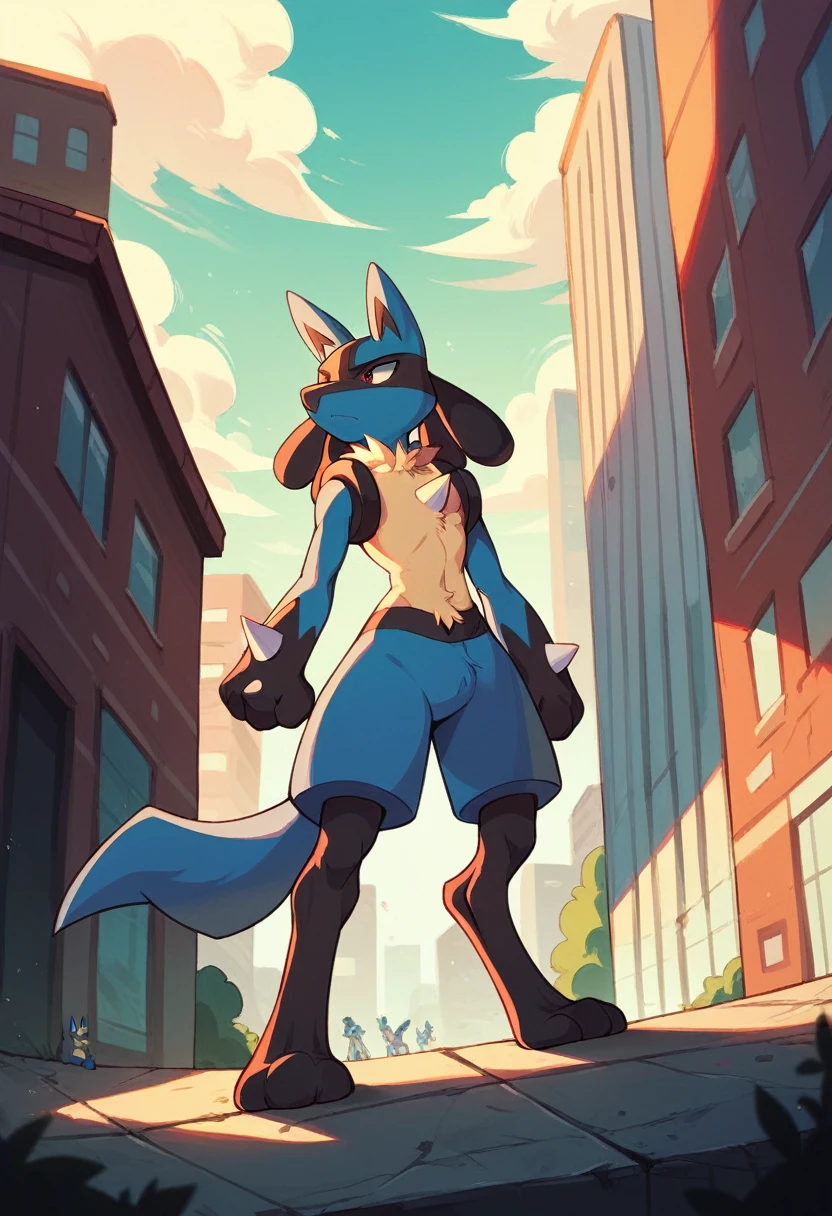 A giant lucario towering over a building
