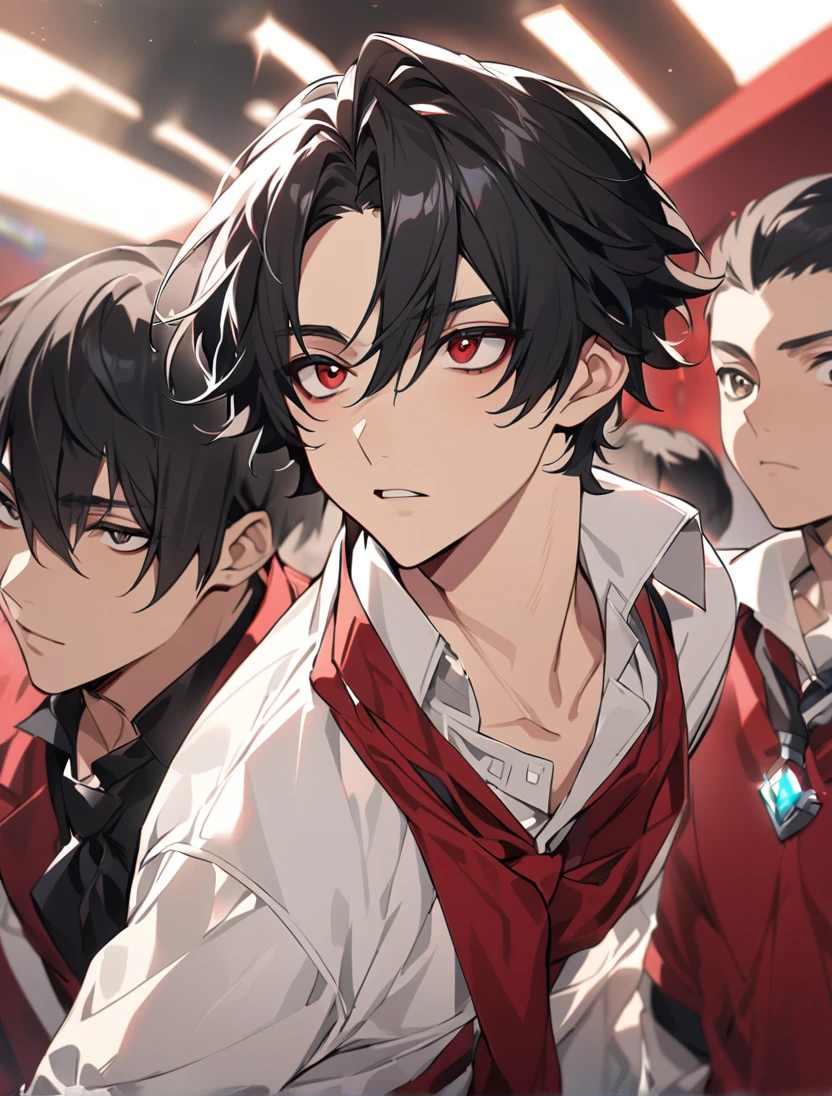 (black_hair), (short_hair), (deep_red_eyes), (Handsome), (Attractive), (male), (unique_highschool_uniform), (detailed_Hair), (detailed_mouth), (Teenager), (dark_under_eyes), (gem_like_eyes), 