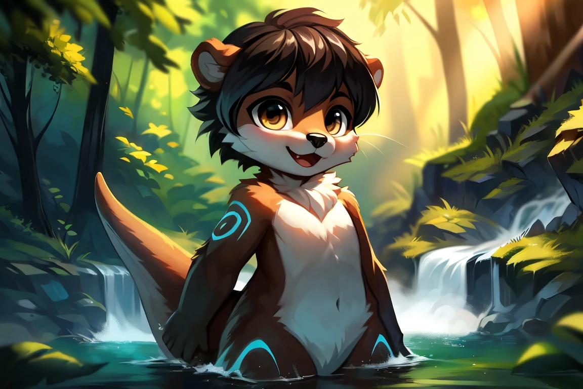 ((otter)), solo, young, cub, chibi, nude, light brown fur, hazel eyes, ((fluffy hair)), short hair, black hair, complex fur patterns, slightly chunky, standing, happy, forest background, river, waterfall, up close. Very good figure, best quality, highres, 16k, Natural soft light, Tyndall effect, Advanced film lighting, Unreal Engine5, Extremely realistic, A high resolution, perfect masterpiece, high quality, high resolution