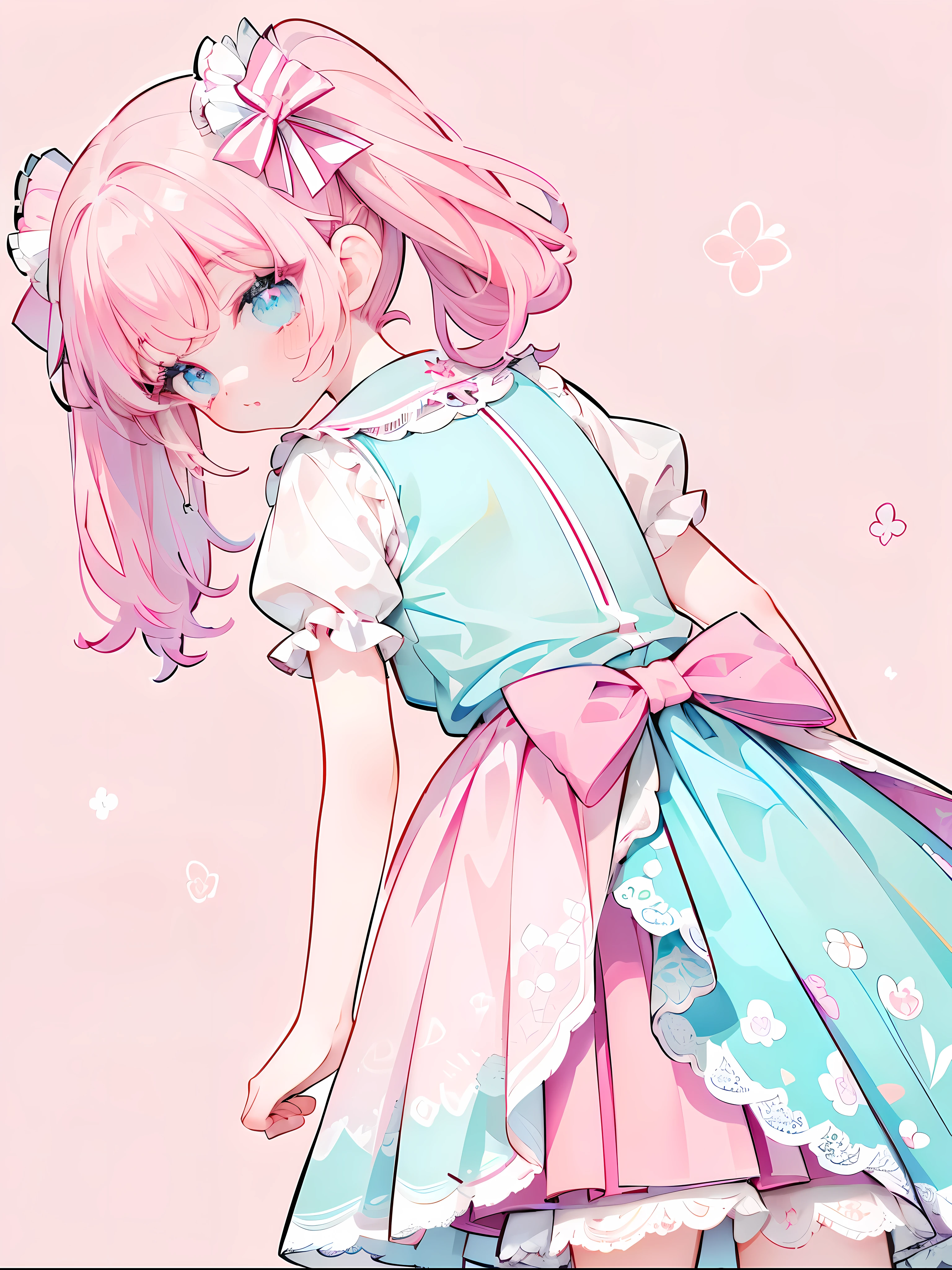 (masterpiece:1.2), best quality, highres, original, (extremely detailed:1.2), ultra-detailed, wallpaper, perfect lighting,(extremely detailed CG:1.2), 8k, 1boy, solo, crossdressing, tomgirl, kawaii, (twintails, flat chest, pink hair, light-blue eyes:1.1), (ta Fashion, pink dress, short-sleeves, bowknot on waistline, lace hemline, knee-length dress, delicate dress:1.2), (anatomically correct:1.3), standing, close-up, from behind, view of back, back-angle, (dreamlike background, pink background, girly background, sakura patterns:1.2)