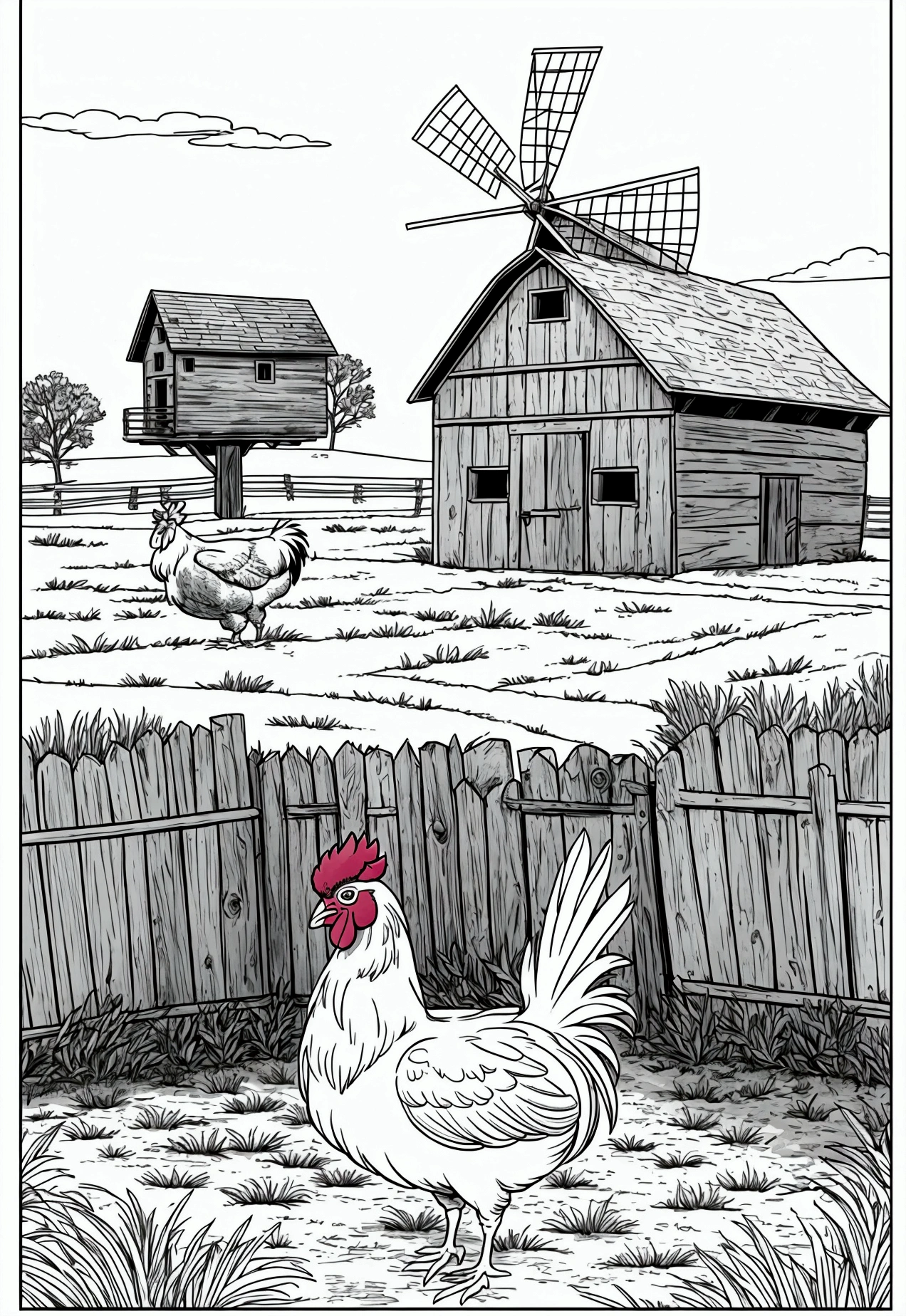 book page coloring art, All white background, Use only outlines, line art, coloring book, Clean line art, For coloring Simple and clean line art, coloring book page, Perfectly symmetrical details, rustic barn: Classic barn with hay bales inside, Windmill in the background rotating in the wind, Chickens are pecking on the ground, And on the fence post a rooster is crowing.