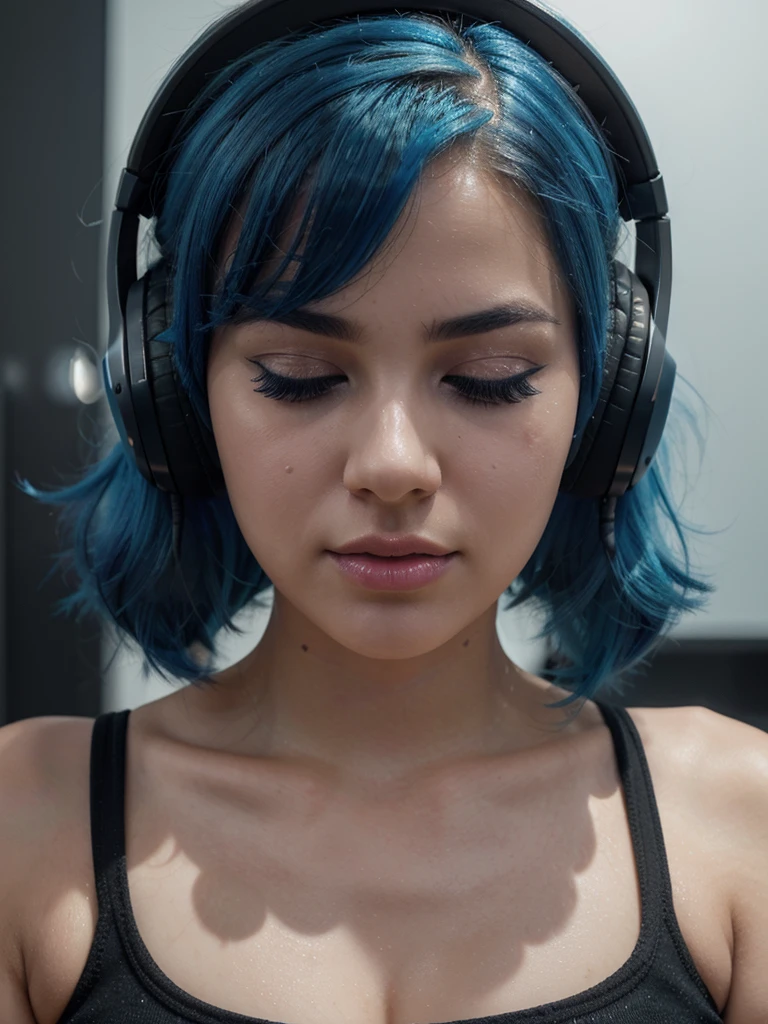 Closeup of a beautiful girl perfect face closed eyes of satisfaction and big eyelashes , with thick split lips, very bright blue hair she is wearing a tight black top she is listening to music with her headphones, very perfect and detailed high resolution image in a very bright and blurry LED lighting scenario